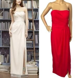 Lela Rose Strapless Crepe Bridesmaid Dress Full Length Gown Flame Red Size 12